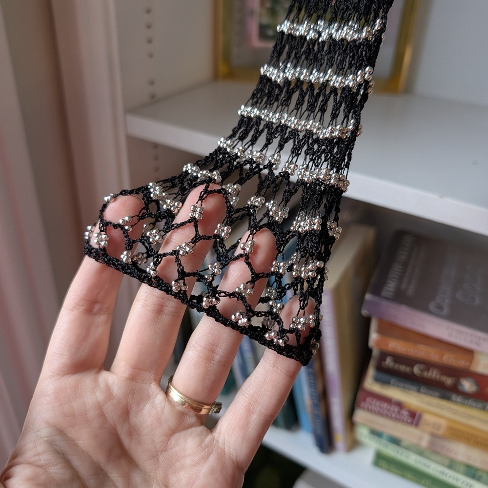 Mesh Net Cardigan Sheer Knit Black and Silver Beaded Small Festival Boho Rave - Picture 4 of 8